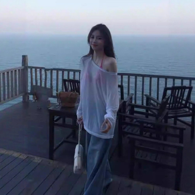 Sexy Pure Desire Long-Sleeved T-Shirt for Women Summer Thin Transparent Seaside Top Niche Loose Sexy Sun Protection Blouse Trendy Sexy Pure Desire Long-Sleeved T-Shirt for Women Summer Thin Transparent Seaside Top Niche Loose Sexy Sun Protection Blouse Trendy