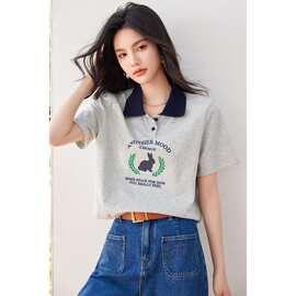 ◆◆美式复古兔子T恤女夏季黑短袖polo领正肩上衣白灰色磨毛