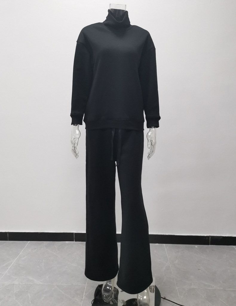 Women's Clothing long sleeved brown temperament wide leg pants fashionable loose high necked casual two piece sweatshirt_voghion.com