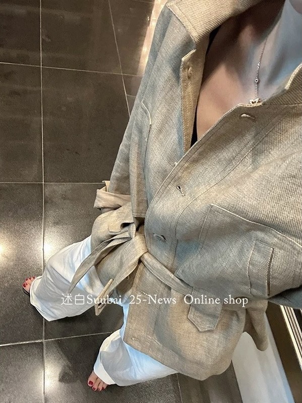 25新款慵懒休闲显瘦百搭老钱风100%双色织亚麻外套146|undefined