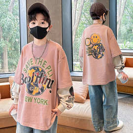 春季男童卫衣新品童装儿童男孩卡通拼接袖假两件上衣潮流代发跨境