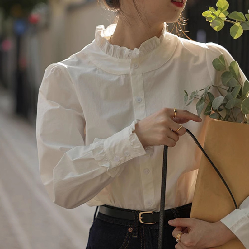 French-Style Lace Collar Long-Sleeve Shirt for Women, Spring 2026 New Model, Petite Size, Stylish White Blouse for Layering