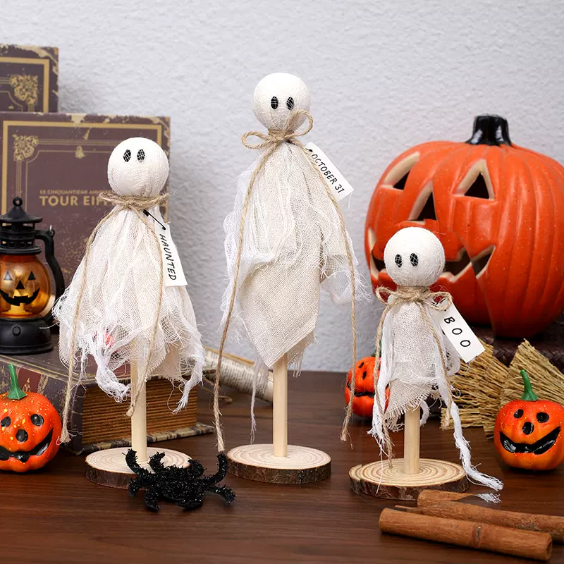 跨境热卖万圣节幽灵摆件木制品三件套木头底座万圣节日装饰用品
