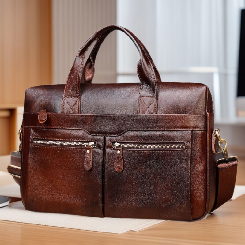 Top Layer Cowhide Business Briefcase Shoulder Crossbody Men's Bag Fashionable Casual Laptop 15.6 Inch Computer Handbag