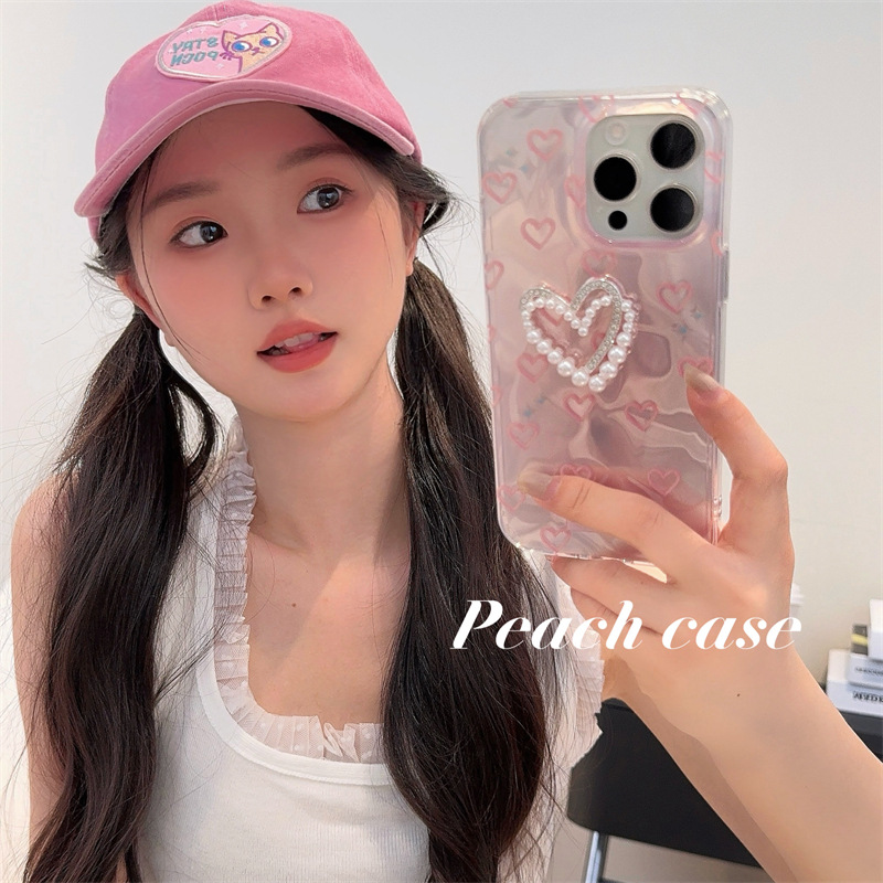 桃壳 韩系水波纹镭射珍珠爱心适用iPhone15手机壳苹果14pro女款气