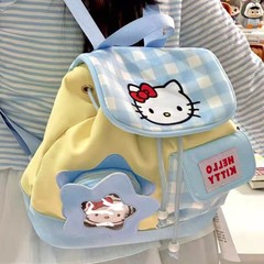 多巴胺Kitty格子抽绳双肩包可爱卡通少女凯蒂猫学院风通勤百搭包