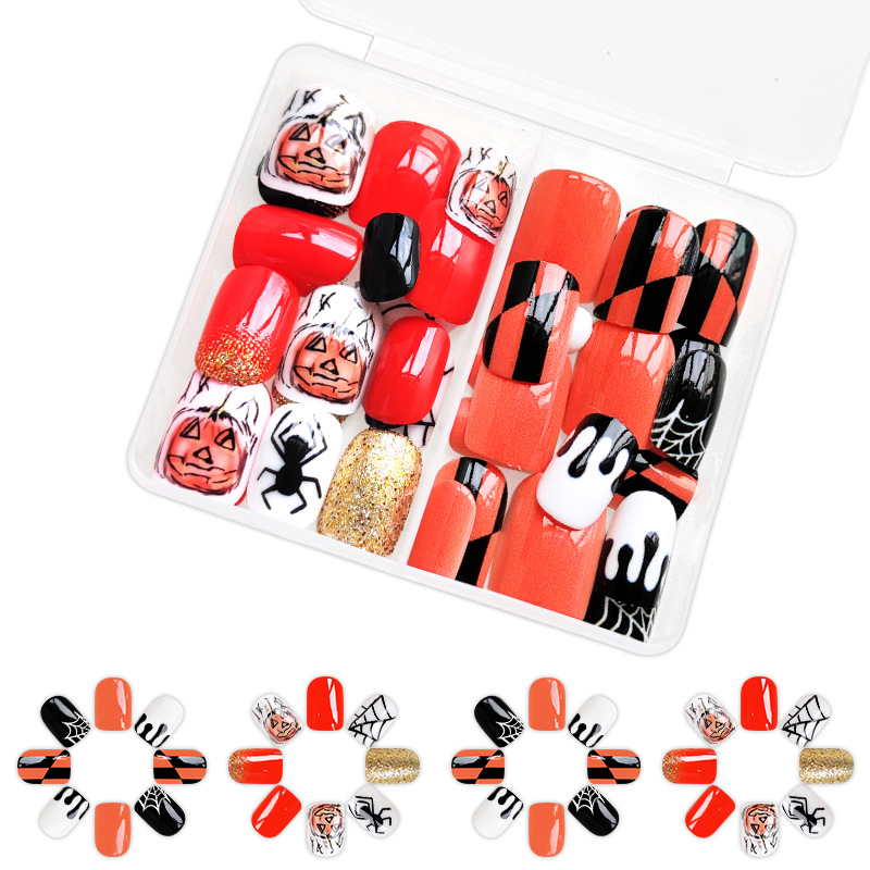 Halloween False Nails Glittering Spider Web Square Press Ons_voghion.com