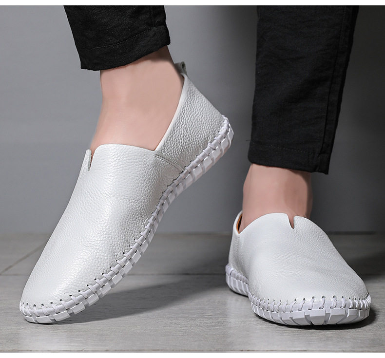Giày lười nam da bò lớp đầu cỡ lớn, kiểu slip-on mũi tròn, đế bệt — 955 Trắng đục lỗ, 955 lỗ màu nâu, 955 lỗ màu đen, 955 màu xanh lam chi tiết 13