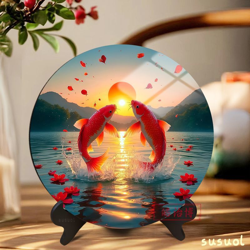 Exquisite American-Style Trendy Koi Fish with High Aesthetic Value, Round Photo Frame Symbolizing Good Luck and Prosperity, Decorative Piece for Living Room and Wine Cabinet Exquisite American-Style Trendy Koi Fish with High Aesthetic Value, Round Photo Frame Symbolizing Good Luck and Prosperity, Decorative Piece for Living Room and Wine Cabinet