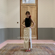 CZ ZHANG夏季新款法式名媛设计感玫瑰花装饰开叉高腰半身裙22910