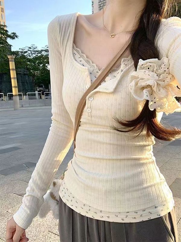 纯欲BM风蕾丝假两件长袖t恤女春秋法式感修身内搭甜辣妹上衣严选|undefined
