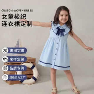 加工定制欧美梭织女童无袖连衣裙夏季翻领学院风蝴蝶结儿童连衣裙