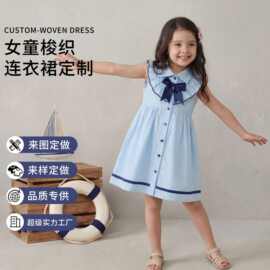 加工定制欧美梭织女童无袖连衣裙夏季翻领学院风蝴蝶结儿童连衣裙