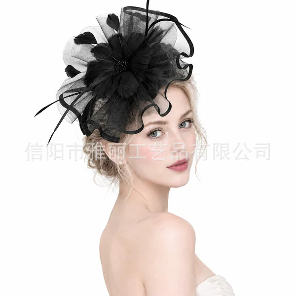 Cross-border European and American bridal hair accessories, fashionable feather headpiece, Amazon vintage horse racing festival mesh mini hat for women