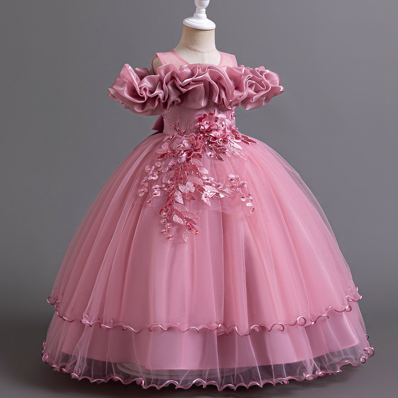 Luxury cross-border girls' gown, off-shoulder wedding dress, princess-style kids' dress, flower girl's birthday party tulle skirt, children's performance outfit