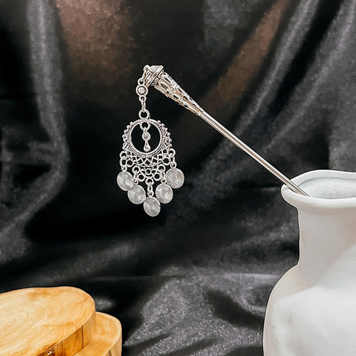 New Chinese style national trend hairpin, ethnic minority style Hanfu palace walking turquoise hollow flower tassel hairpin