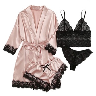 New Cross-Border Sexy Women's Sexy Pajamas Multi-Piece Suit Lace Satin Suspender Nightgown Manufacturer Foreign Trade Direct Sales