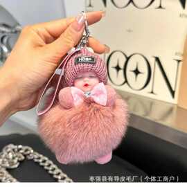 可爱时尚吊坠真狐狸毛蝴蝶领结睡眠娃娃包包饰品挂件
