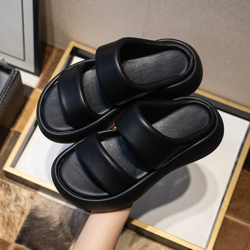 Sandalias de suela gruesa de punta redonda de mujer de ala ancha de doble correa de suela gruesa elástica suave