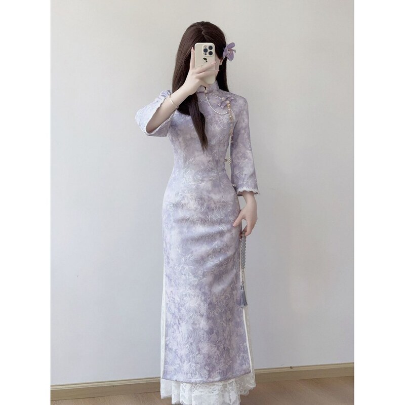 Improved Version of Young Girl's Purple Dress Autumn and Winter Dress Cheongsam 2025 New Elegant Classy Slim Fit