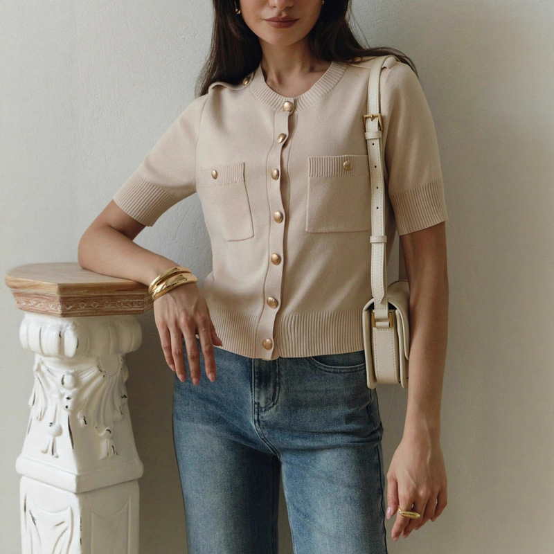 European and American Cross-Border Amazon Autumn Simple and Elegant Double-Pocket Metal Buckle Knit Top Stylish Round-Neck Cardigan European and American Cross-Border Amazon Autumn Simple and Elegant Double-Pocket Metal Buckle Knit Top Stylish Round-Neck Cardigan