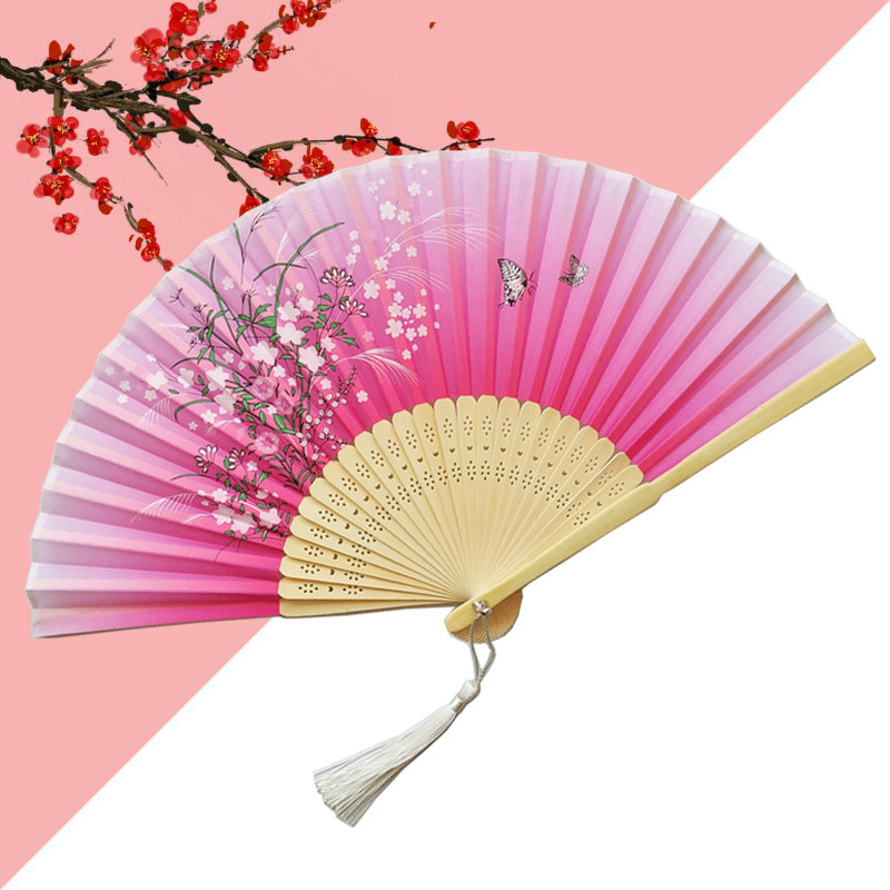 Inventario de dos ventiladores azules y una sonrisa de flores de estilo chino imitación de seda hueso de flor ventilador de danza antiguo ventilador plegable