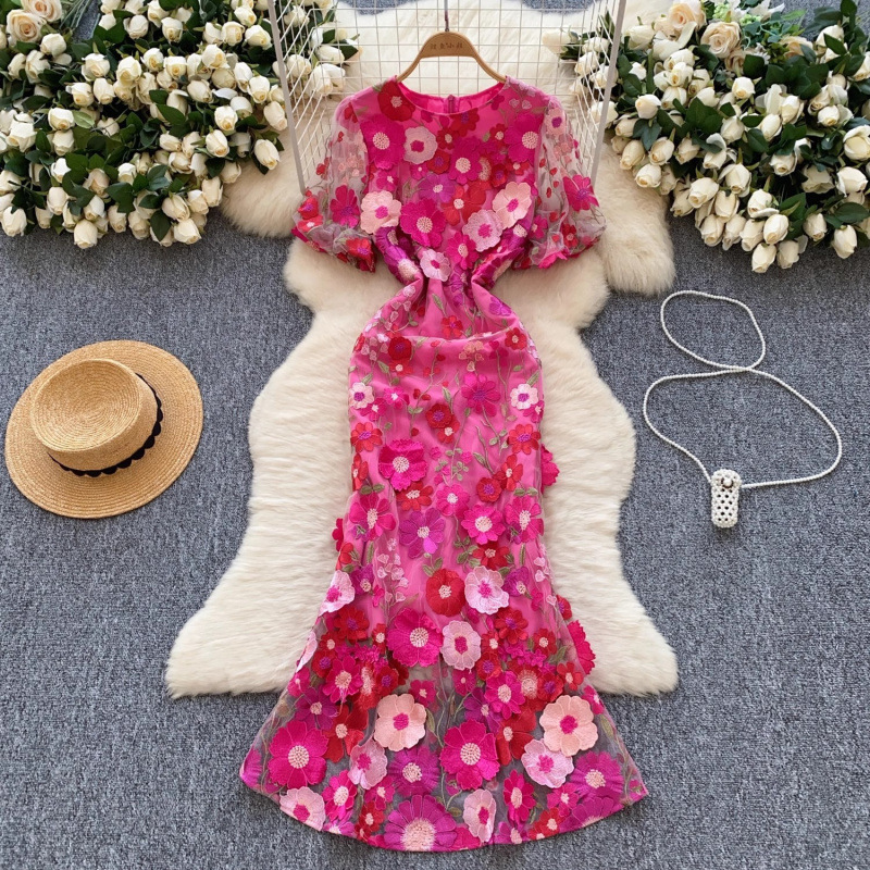 French-Style High-End Elegant Heavy Floral Embroidery Round Neck Lantern Sleeve Waist-Slimming Slim-Fit Mermaid Gown Dress