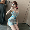 Southeast Asian Sexy Mesh Print Wrapped Hip Skirt with Hanging Strap and Ruffle Edge Dress