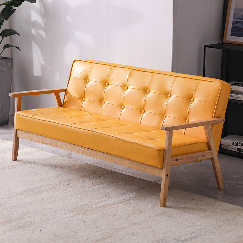 Madera sólida nórdica moderna y simple sofá de cuero para tres personas sala de estar sofá doble tipo pequeño