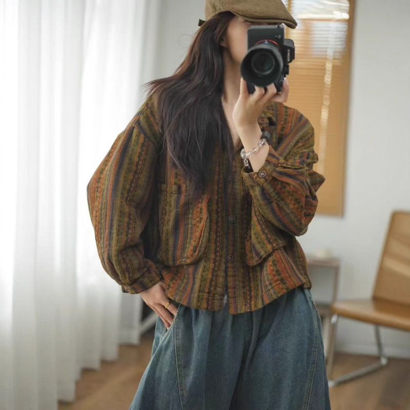 2025秋韩版宽松复古双纱印花立体口袋翻领外套百搭休闲上衣女8331|undefined