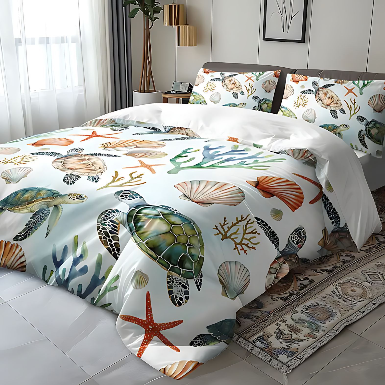 TEMU / JIT caricatura encantadora tortuga de mar abrasión colcha de cama kit de almohada para comercio exterior