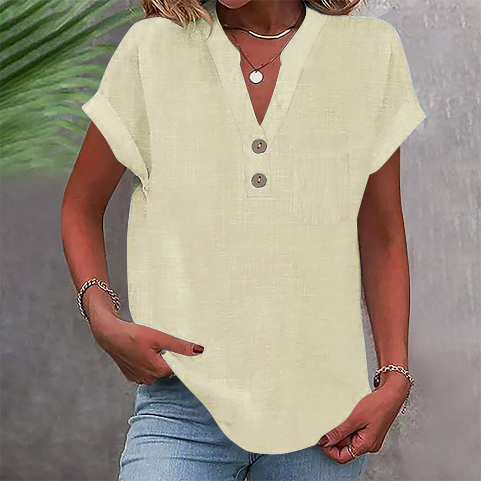 2025 European American Summer Solid Color Buttoned Short-sleeve Women's Shirt, Cotton-linen, Washed, Wrinkled,_ecoleips.com