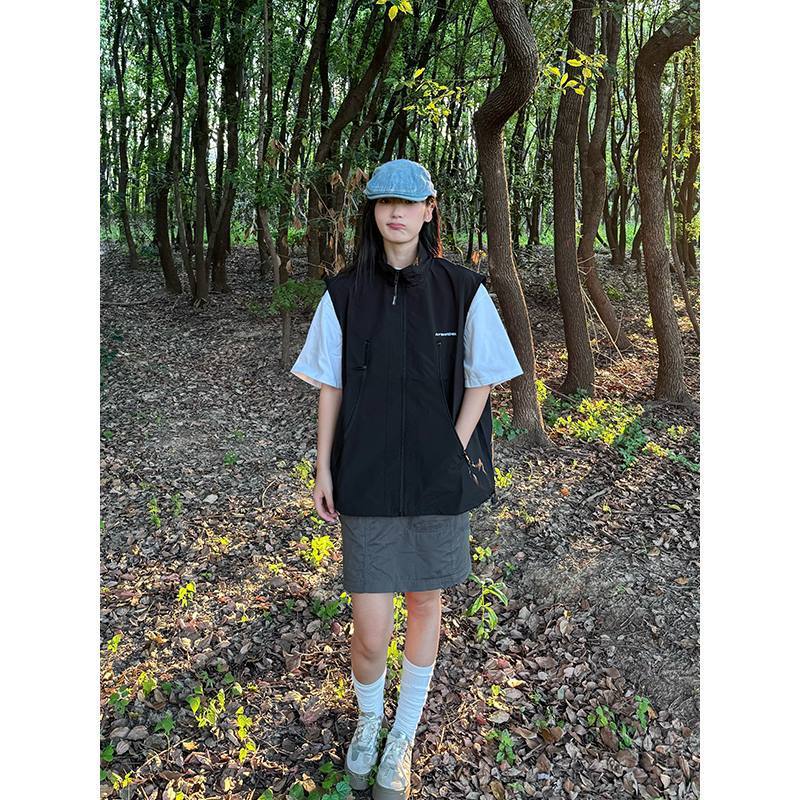 夏季日系复古多口袋潮流宽松拉链休闲立领无袖机能马甲男女生坎肩|undefined