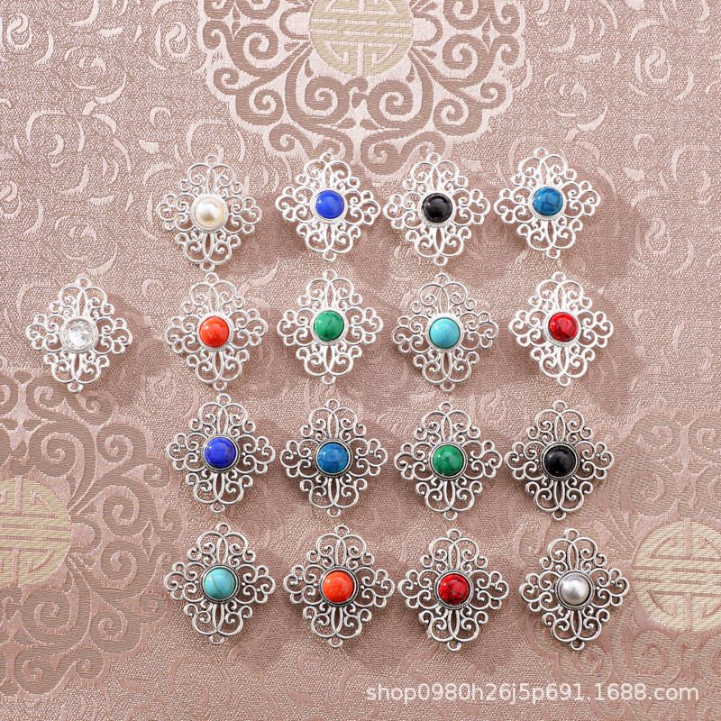 民族风花边合金配件镶嵌仿松石中国结头饰饰品镂空设计发簪辅料