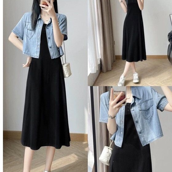 High-End Women's Clothing in a Cool Style: Summer Denim Short Jacket Paired with a Mid-Length Tank Dress Two-Piece Set High-End Women's Clothing in a Cool Style: Summer Denim Short Jacket Paired with a Mid-Length Tank Dress Two-Piece Set