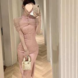 复古新中式性感主播套脖中长款侧开叉包臀旗袍粉色拼网纱连衣裙女