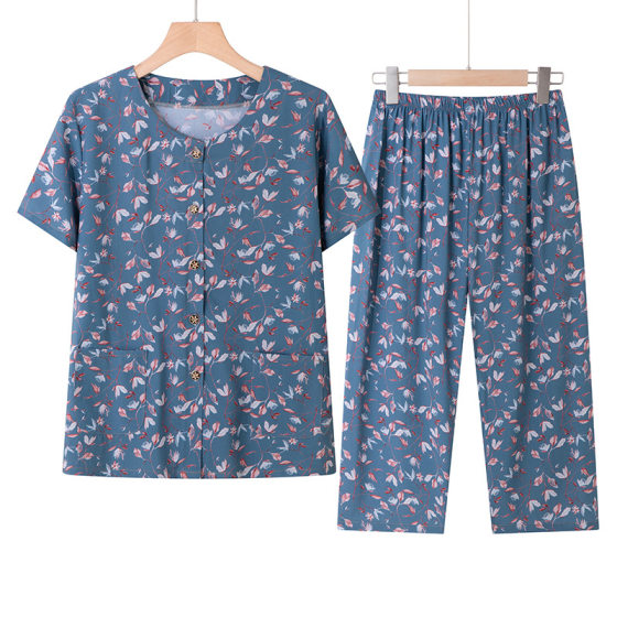 Grandma Summer Cotton Silk Short-sleeved suit Middle-aged and Elderly Female Mother Cardigan Artificial Cotton Old Lady Pajamas Two-piece Set
