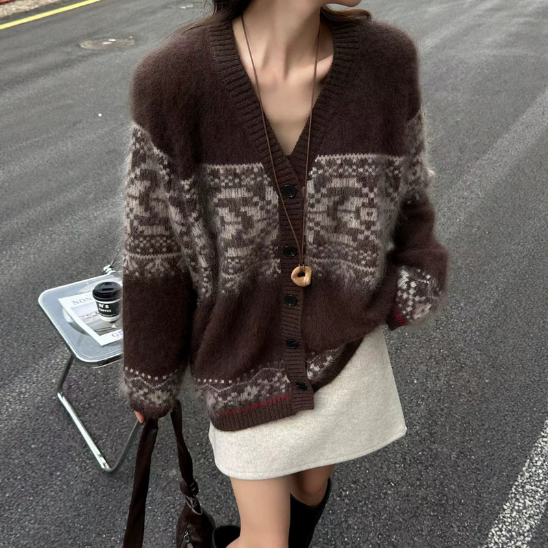 Fleece Sweater for Women 2026 New Style Soft and Skin-Friendly Mulberry Silk Cashmere Fair Isle Jacquard Single-Breasted Loose Cardigan