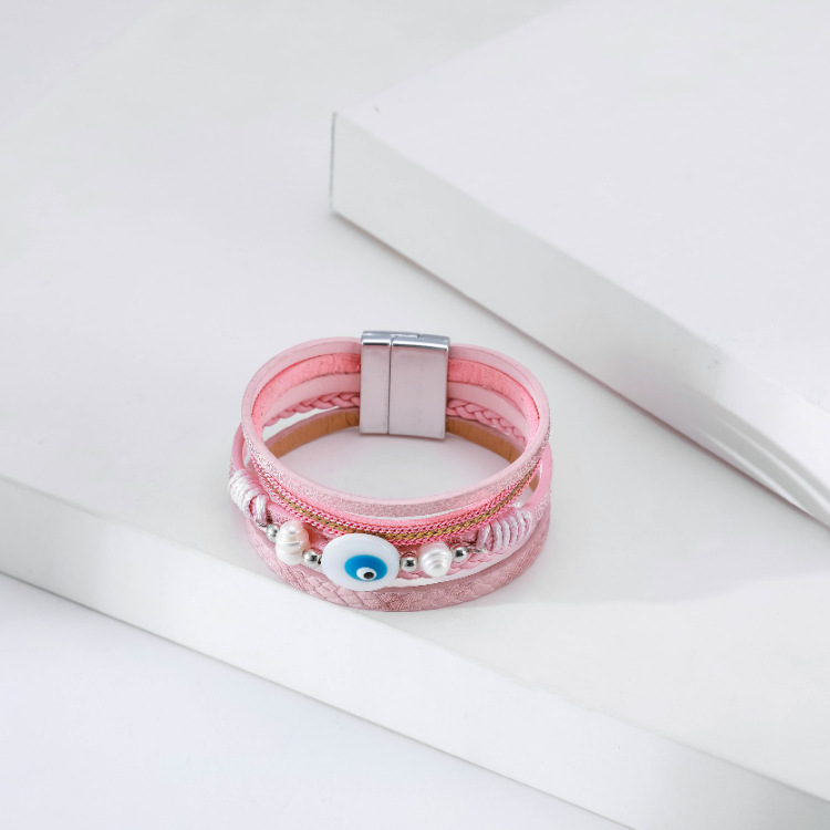 Bohemian multi-layer woven devilu0027s eye pearl leather bracelet