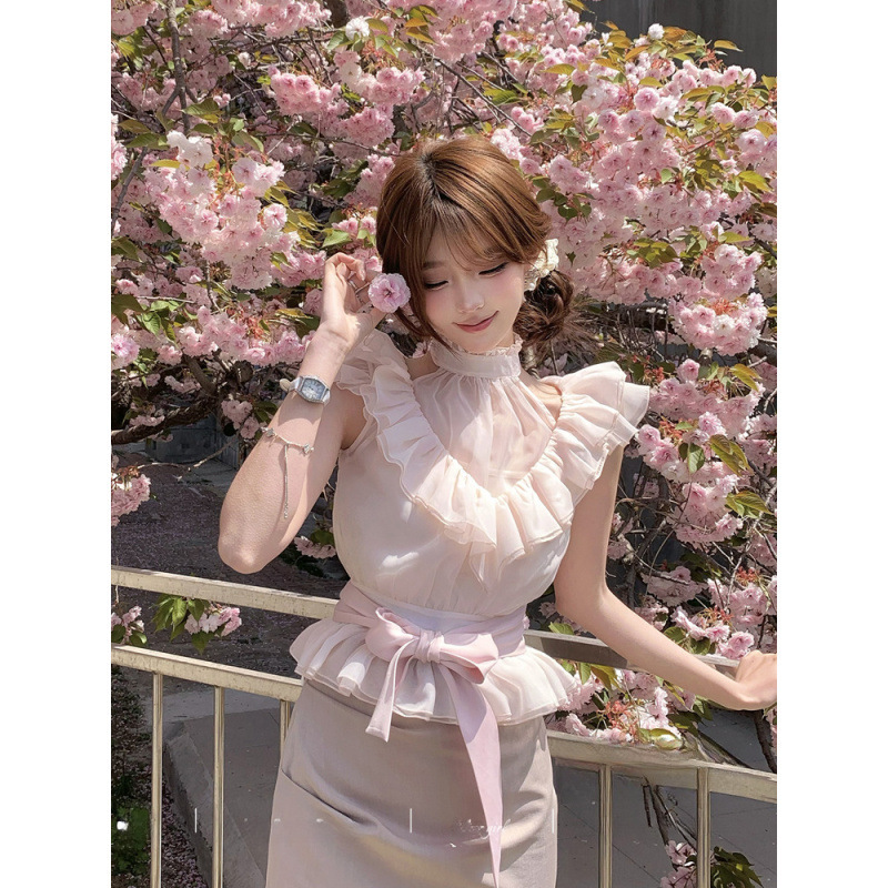 2025 Sweet Girl 2点セット レディース Pure Desire フリルリボンストラップトップ ウエスト痩身ショートスカートスーツ|undefined
