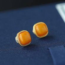 小红书爆款小方糖如意小耳钉古法新中式简约镶嵌老蜜蜡百搭耳饰