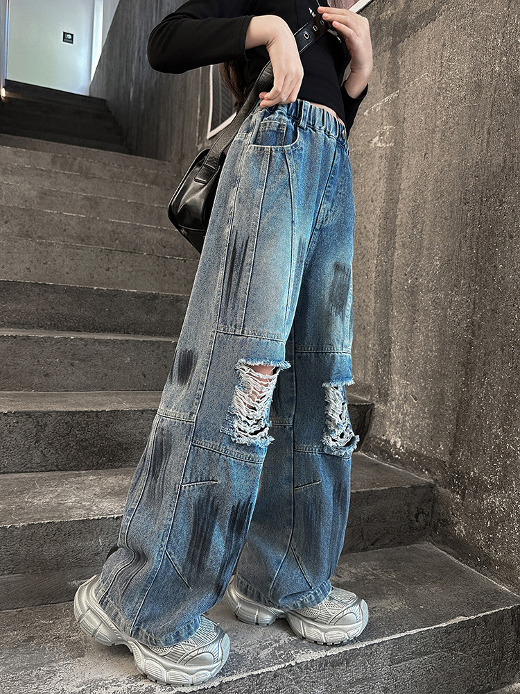 Spot Spring New Paint Style Hole Girls Fashion Children's Miscellaneous European And American Jeans Denim Loose Pants_viptrois.com