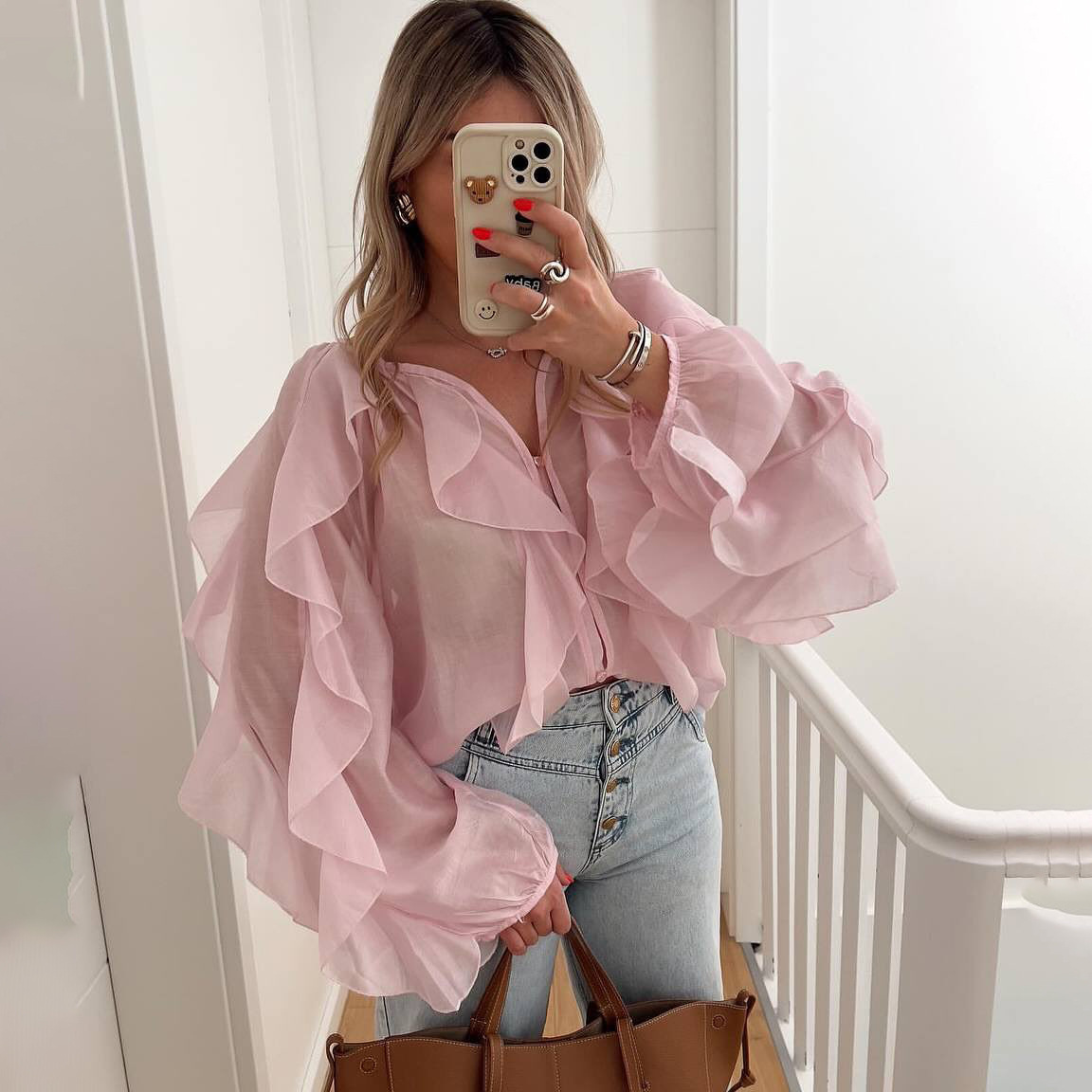 2025 Spring and Summer Lady V Neck Ruffled Long Sleeve Shirt European and American Fashion Commuting Women's New Style