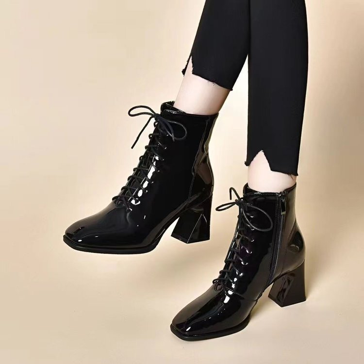High-Heeled Short Boots for Women 2025 New Autumn and Winter Versatile Thick Heel Elegant Lace-Up Zipper Black Boots Fashion Boots Leather Boots