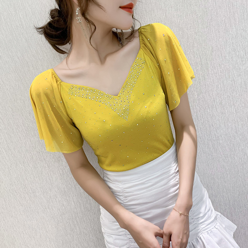 Square Dance Heavy-Duty Rhinestone-Embellished Ruffle Sleeve V-Neck Top for Women, Summer Slim-Fit Short-Sleeve Mesh Blouse, Mom Style