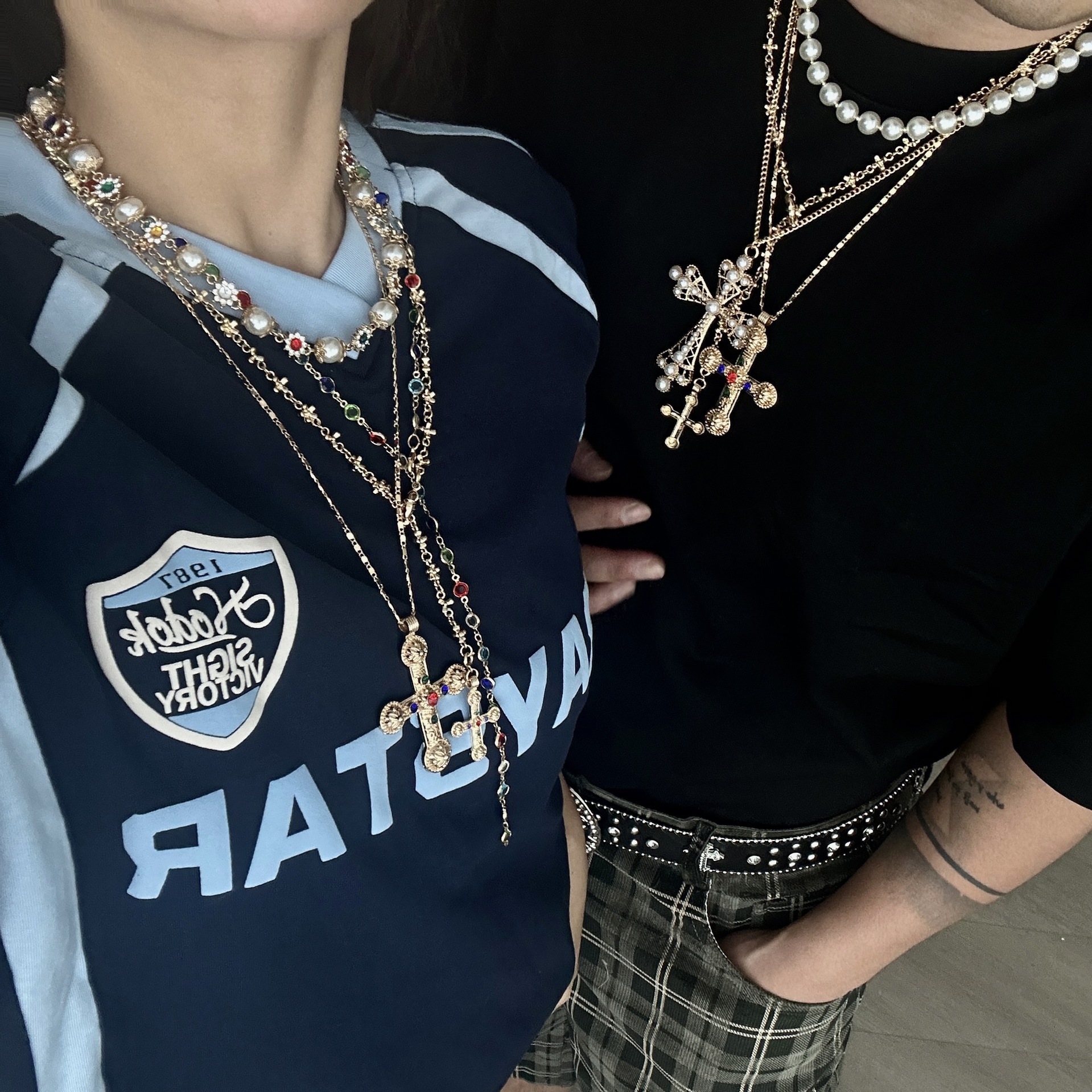 IG Style Cross Rhinestones Pearl Alloy Beaded Chain Cuban Link Chain Curb Chain Layered Necklaces Wholesale display picture 7