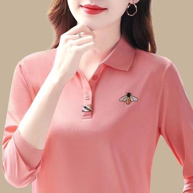 Turn-Down Collar Long-Sleeve T-Shirt for Women, Spring and Autumn Style, Polo Collar, Stylish Sports Top for Moms, Thin Women's T-Shirt