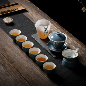 霁蓝功夫茶具套装瓷镶银茶具家用侧把茶壶玻璃茶杯银饰茶道礼品盒