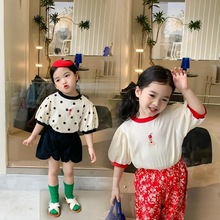 女童韩版洋气泡泡袖时尚撞色波点卡通短袖T恤女宝宝中小童上衣潮