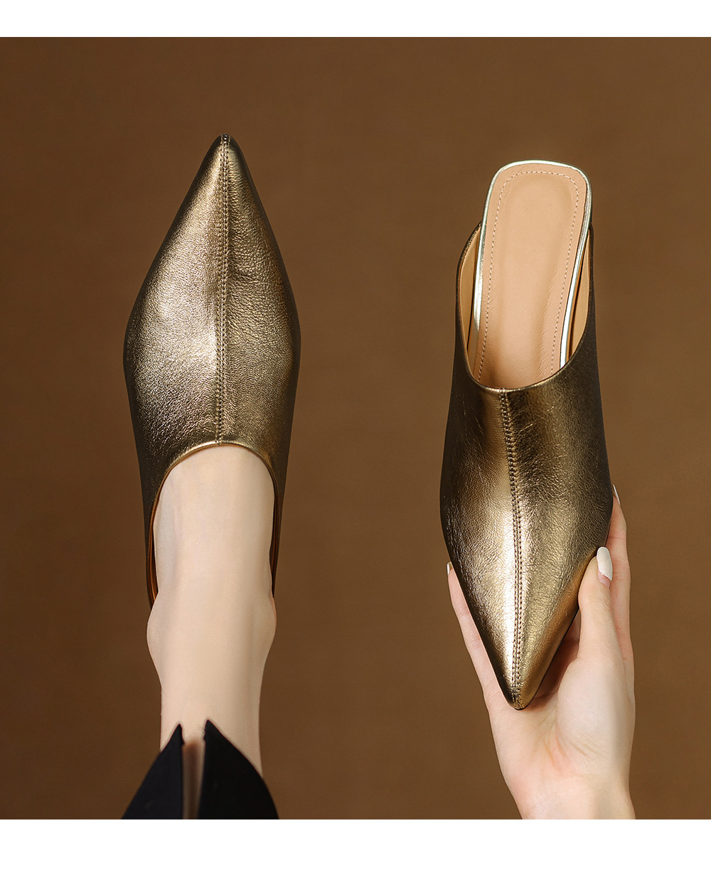 Dép mule nữ da cừu mũi nhọn cao gót 5 cm – sandal hè dáng suông — đen, vàng chi tiết 10
